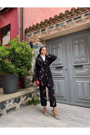 Nakışlı Kimono Takım SİYAH