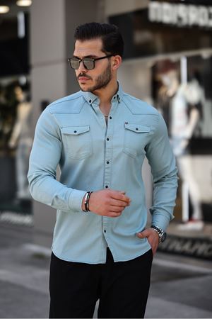 Slim Fit Çıtçıtlı Çift Cep Kot Gömlek MİNT