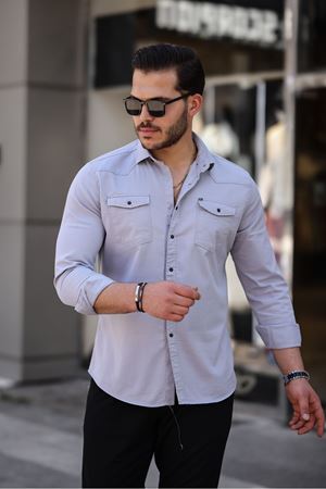 Slim Fit Çıtçıtlı Çift Cep Kot Gömlek A.GRİ