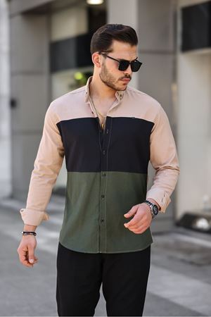 Üç Renk Slim Fit Likralı Kot Gömlek VİZON