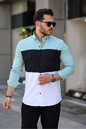 Üç Renk Slim Fit Likralı Kot Gömlek MİNT