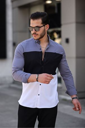 Üç Renk Slim Fit Likralı Kot Gömlek FÜME