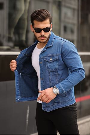 Erkek A Kalite Slim Fit Denim Kot Ceket LACİVERT