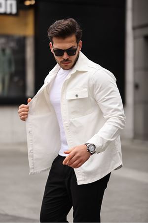 Erkek Oversize Geniş Kesim Çift Cep Denim Ceket BEYAZ