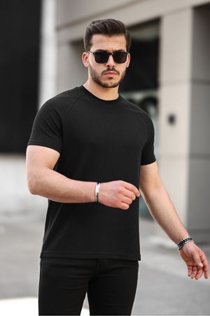 Erkek Kendinden Çizgili Slim Fit T-Shirt SİYAH