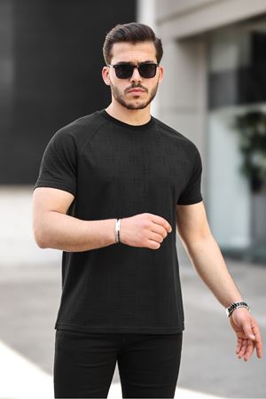 Erkek Kendinden Desenli Slim Fit T-Shirt SİYAH