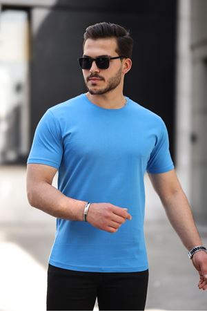 Erkek Slim Fit Baskısız T-Shirt MAVİ