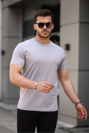 Erkek Slim Fit Baskısız T-Shirt GRİ