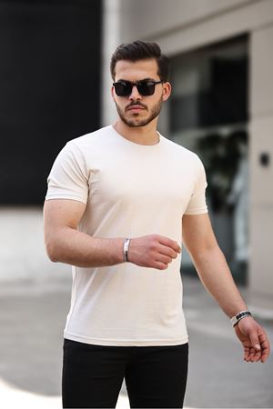 Erkek Slim Fit Baskısız T-Shirt KREM