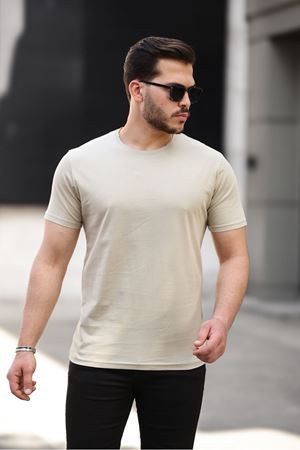 Erkek Slim Fit Baskısız T-Shirt BEJ