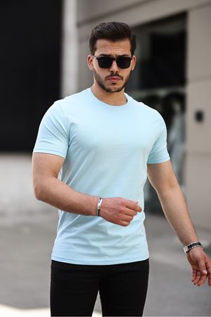 Erkek Slim Fit Baskısız T-Shirt BEBE MAVİ