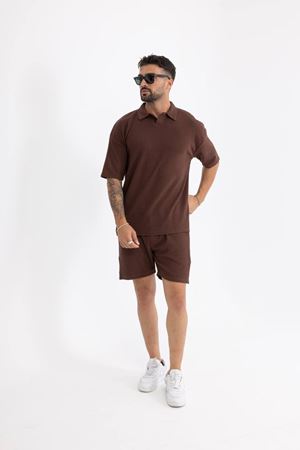 Burgu Kumaş Polo Yaka Şort Tişört Takım KAHVE