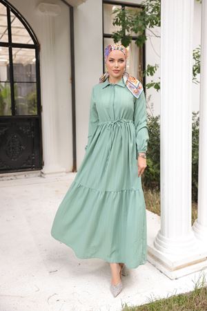 Maya Kumaş Beli Büzgülü Elbise SU YEŞİLİ