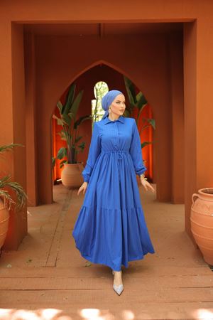 Maya Kumaş Beli Büzgülü Elbise SAKS MAVİ