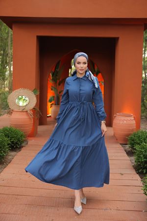 Maya Kumaş Beli Büzgülü Elbise İNDİGO