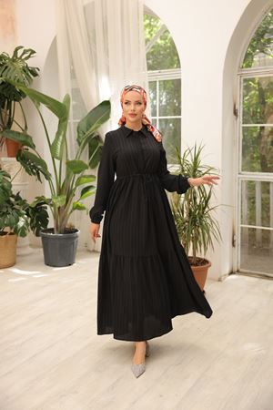 Maya Kumaş Beli Büzgülü Elbise SİYAH