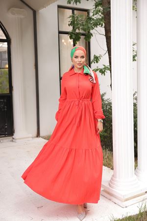 Maya Kumaş Beli Büzgülü Elbise NAR ÇİÇEĞİ