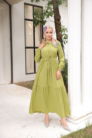 Maya Kumaş Beli Büzgülü Elbise FISTIK YEŞİLİ