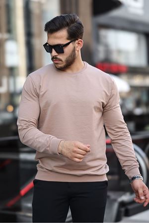 Erkek Kompakt Pamuklu Slim Fit Sweatshirt VİZON