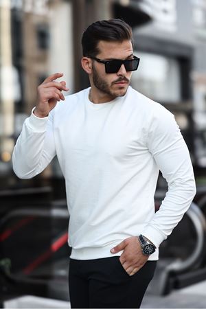 Erkek Kompakt Pamuklu Slim Fit Sweatshirt BEYAZ