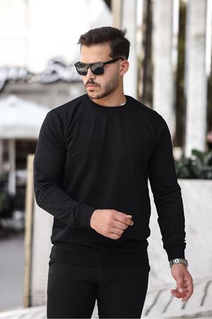 Erkek Kompakt Pamuklu Slim Fit Sweatshirt SİYAH