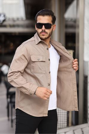 Erkek Oversize Geniş Kesim Çift Cep Denim Ceket VİZON