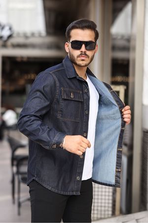 Erkek Oversize Geniş Kesim Çift Cep Denim Ceket LACİVERT