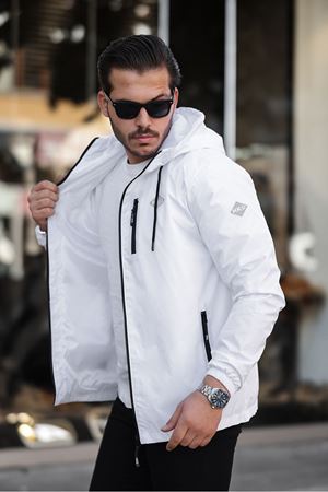 Erkek Içi Astarlı Suya Dayanıklı Kapüşonlu Cepli Yağmurluk BEYAZ