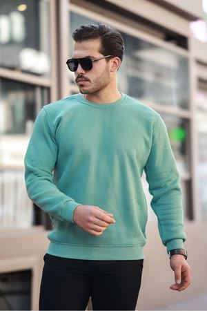 Erkek Oversize Üç İplik Kompakt Pamuklu Sweatshirt SU YEŞİLİ