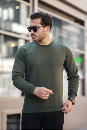 Erkek Oversize Üç İplik Kompakt Pamuklu Sweatshirt HAKİ