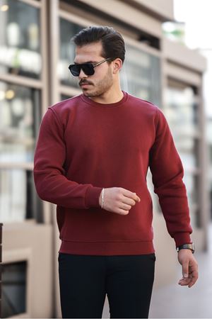 Erkek Oversize Üç İplik Kompakt Pamuklu Sweatshirt BORDO
