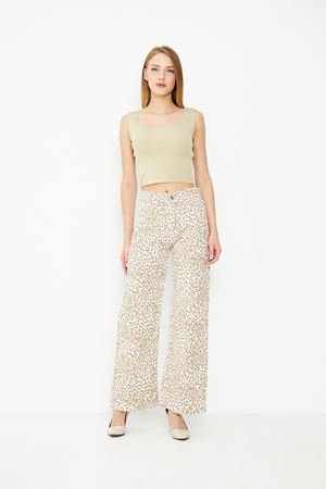 Kadın Leopar Desenli Yüksel Bel Geniş Paça Palazzo Pantolon BEJ