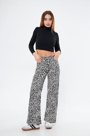 Kadın Leopar Desenli Yüksel Bel Geniş Paça Palazzo Pantolon BEYAZ