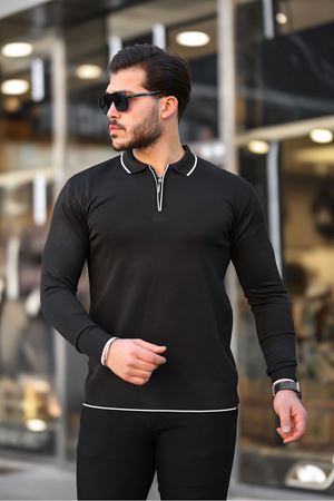 Fermuar Yaka Çizgi Detaylı Erkek Kazak SİYAH