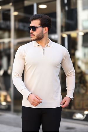 Fermuar Yaka Çizgi Detaylı Erkek Kazak KREM