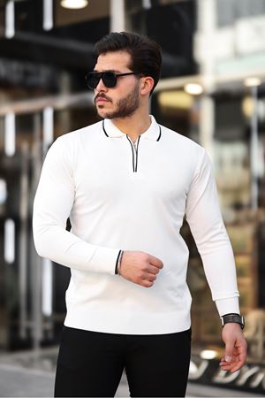 Fermuar Yaka Çizgi Detaylı Erkek Kazak BEYAZ