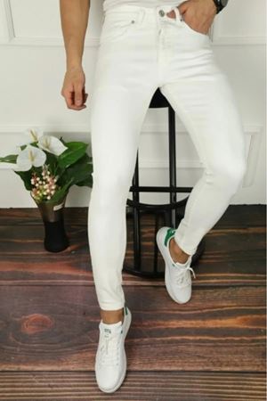 Erkek Slim Fit Likralı Denim Kot Pantolon Jean BEYAZ