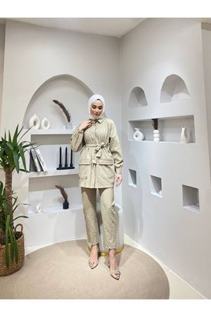 Kadın Jakarlı Bel Kuşaklı Cep Taşlı Alt Üst Takım TAŞ