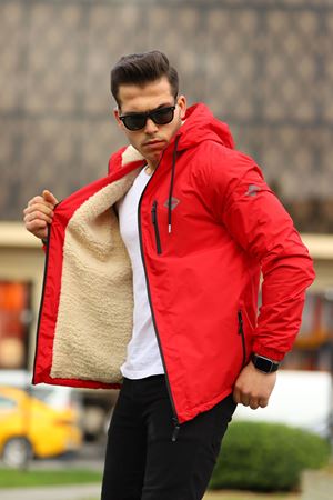 Erkek Içi Kürklü Suya Dayanıklı Kapüşonlu Cepli Yağmurluk KIRMIZI