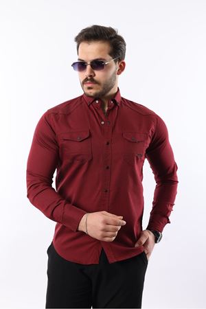 Erkek Slim Fit Çift Cepli Kot Gömlek BORDO