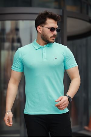 Erkek Kıvrılmaz Polo Yaka Cepsiz Slim Fit Dar Kesim T-Shirt TURKUAZ