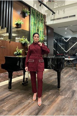 Kadın Jakarlı Bel Kuşaklı Cep Taşlı Alt Üst Takım BORDO