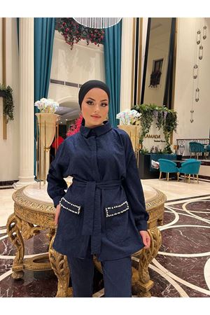 Kadın Jakarlı Bel Kuşaklı Cep Taşlı Alt Üst Takım LACİVERT