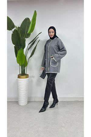 Şal Yaka Biyeli Kaşe Hırka GRİ