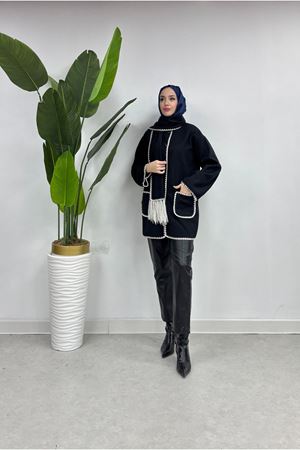 Şal Yaka Biyeli Kaşe Hırka SİYAH