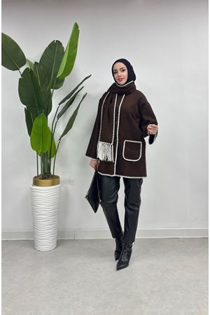Şal Yaka Biyeli Kaşe Hırka KAHVE