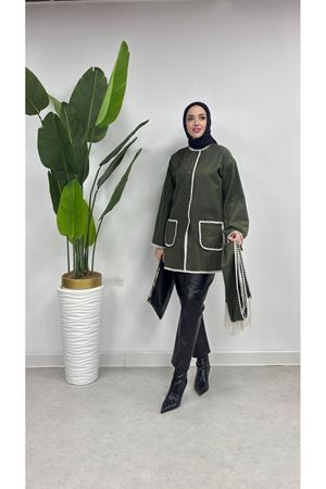 Şal Yaka Biyeli Kaşe Hırka HAKİ