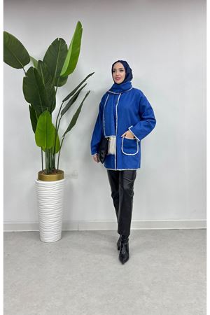 Şal Yaka Biyeli Kaşe Hırka SAKS MAVİ