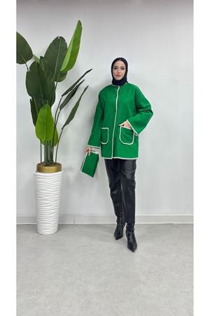 Şal Yaka Biyeli Kaşe Hırka YEŞİL