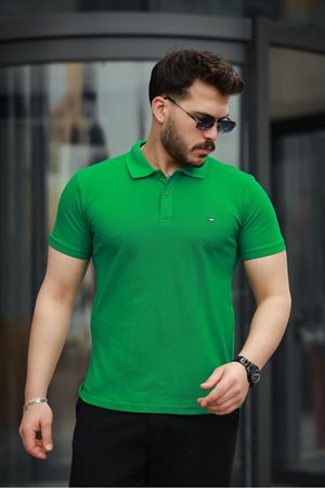 Erkek Kıvrılmaz Polo Yaka Cepsiz Slim Fit Dar Kesim T-Shirt YEŞİL